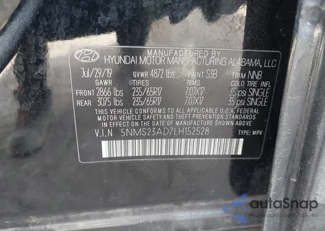 2020 Hyundai Santa Fe Se из США, поврежденный, VIN 5NMS23AD7LH152528